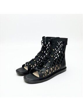 Dior D-trap Short Boots Leather Black Mesh Lace Up Sandals Open Toe